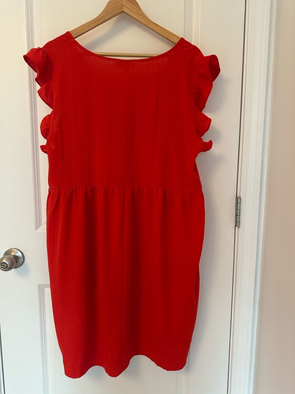 Umgee Coral-Red Ruffle Sleeve V-Neck Mini Dress - Picture 7 of 8
